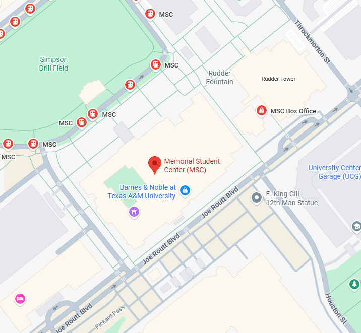 Campus map marking the Memorial Student Center beside Simpson Drill Field and Joe Routt Boulevard.